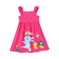 Vestido De Verão Rosa De Algodão Para Meninas, Gola Redonda, Manga Borboleta, Estampa De Animal De