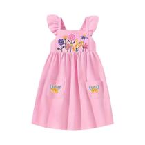 Vestido De Verão Rosa Para Meninas, Sem Mangas, Com Babados Nos Ombros, Bordado Floral, Bolsos De