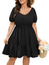 Vestido de verão SCOMCHIC com decote em V, manga curta, linha A, preto, plus size