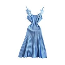 Vestido De Verão Sem Mangas Para Mulheres, Tricô Com Decoração De Flores 3D, Cor Sólida, Slim