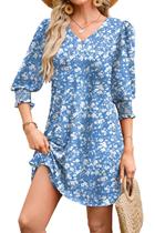 Vestido de verão WIHOLL 2025 com decote em V, manga 3/4, azul para mulheres Vestido de verão WIHOLL 2025 com decote em V, manga 3/4, azul para mulheres