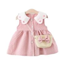 Vestido De Verão Xadrez De Algodão Sem Mangas Para Bebê Menina Com Bolsa Combinando - Roupa Adorável