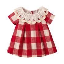 Vestido De Verão Xadrez Vermelho Para Bebê Menina De 9 Meses a 4 Anos, Manga Curta, Gola Pétala Vestido De Verão Xadrez Vermelho Para Bebê Menina De 9 Meses a 4 Anos, Manga Curta, Gola Pétala