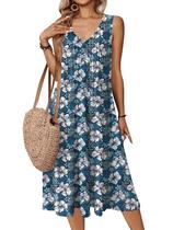 Vestido de verão Zeagoo com decote em V sem mangas plissado azul floral Vestido de verão Zeagoo com decote em V sem mangas plissado azul floral