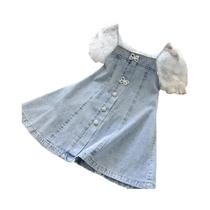 Vestido denim de manga de renda infantil, meninas grânulos vestidos, moda infantil, verão