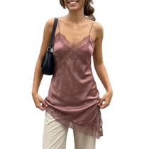 Vestido deslizante de camisola XBTCLXEBCO de renda acetinada com decote em V marrom Vestido deslizante de camisola XBTCLXEBCO de renda acetinada com decote em V marrom