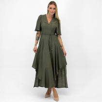 Vestido Doce Trama Midi Manga Curta com Cinto Feminino