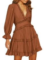 Vestido Dokotoo Floral Chiffon com decote em V, babado, manga comprida, marrom