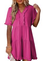 Vestido Dokotoo Primavera Verão 2025 com decote em V manga curta rosa choque Vestido Dokotoo Primavera Verão 2025 com decote em V manga curta rosa choque
