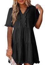 Vestido Dokotoo Primavera Verão Manga Curta com Decote em V Preto Plus Size S
