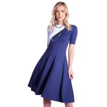 Vestido Duas Cores FICALINDA Azul Marinho e Branco Meia Manga Decote Canoa