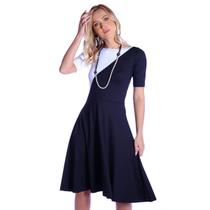 Vestido Duas Cores FICALINDA Preto e Branco Meia Manga Decote Canoa