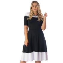 Vestido Duas Cores na Horizontal FICALINDA Preto e Branco Meia Manga com Barrado