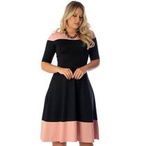 Vestido Duas Cores na Horizontal FICALINDA Preto e Nude Meia Manga com Barrado