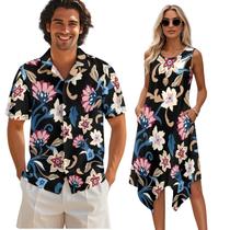 Vestido e camisetas havaianas para festas na praia combinando para casais Vestido e camisetas havaianas para festas na praia combinando para casais