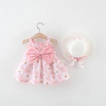 Vestido e Chapéu de Algodão para Bebê Menina - Conjunto Casual de Verão com Arco Grande Vestido e Chapéu de Algodão para Bebê Menina - Conjunto Casual de Verão com Arco Grande