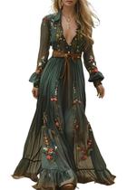 Vestido EEMEII Flora Cotton Boho, manga comprida, decote em V, verde maxi