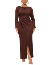 Vestido Ekaliy Marrom Manga Longa Gola Canoa Cintura Franzida Vestido Ekaliy Marrom Manga Longa Gola Canoa Cintura Franzida