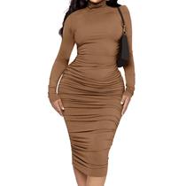 Vestido Ekaliy Ruched Bodycon Pencil Club Night Brown Poliéster