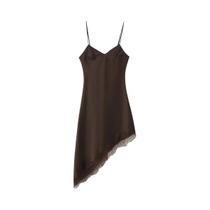Vestido Elegante De Cetim Com Decote Em V Para Mulheres, Com Detalhes Em Renda Suave E Bainha