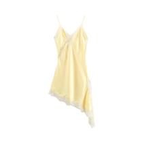 Vestido Elegante De Cetim Com Renda E Costas Abertas Para Mulheres, Assimétrico Com Patchwork Preto Vestido Elegante De Cetim Com Renda E Costas Abertas Para Mulheres, Assimétrico Com Patchwork Preto
