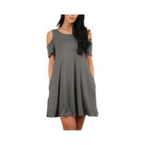 Vestido Elegante De Verão Com Ombros Descobertos Para Mulheres, Cor Sólida Vintage, Decote Redondo,