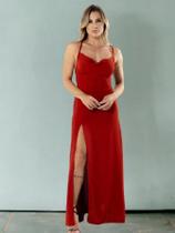Vestido Elegante Duna Longo Gola Drapeada de Alça com Fenda Lateral