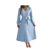 Vestido Elegante Feminino Com Botões, Decote Em V, Manga Longa, Com Laço E Pregas, Nas Cores Caqui,