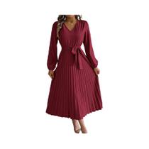 Vestido Elegante Feminino Com Botões, Decote Em V, Manga Longa, Com Laço E Pregas, Nas Cores Caqui,