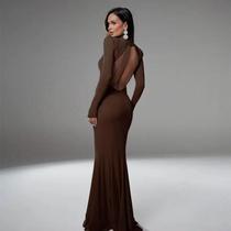 Vestido Elegante Feminino Slim Com Gola Alta E Costas Descobertas, Manga Longa, Moda Casual De