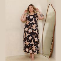 Vestido Elegante Longo Estampado Regata Alça Larga Plus Size Vestido Elegante Longo Estampado Regata Alça Larga Plus Size