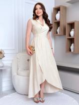 Vestido Elegante Midi Transpassado Casual de Linho Envelope Decote V Cor:BegeTamanho:G2