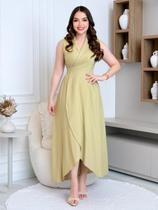 Vestido Elegante Midi Transpassado Casual de Linho Envelope Decote V Cor:VerdeTamanho:M