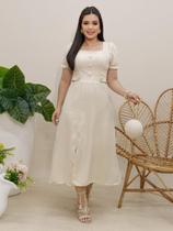 Vestido Elegante Moda Evangélica de Linho Decote Quadrado com Botões Elástico Social