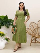 Vestido Elegante Moda Evangélica de Linho Decote Quadrado com Botões Elástico Social