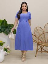 Vestido Elegante Moda Evangélica de Linho Decote Quadrado com Botões Elástico Social