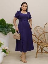 Vestido Elegante Moda Evangélica de Linho Decote Quadrado com Botões Elástico Social Vestido Elegante Moda Evangélica de Linho Decote Quadrado com Botões Elástico Social