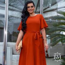 Vestido em Alfaiataria, Terracota, Evasê, Detalhe Botão Manga, Cinto Faixa, Invait BM1243 Vestido em Alfaiataria, Terracota, Evasê, Detalhe Botão Manga, Cinto Faixa, Invait BM1243