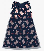 Vestido em Cotton Leve e Tule Trick Nick Azul Marinho