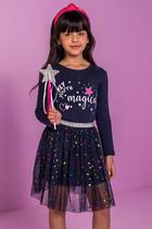 Vestido em Malha Magical Azul Marinho com Saia em Tule Estrelas e Varinha - Kukie