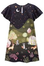 Vestido em Malha Manga Babado Estampado Floresta Noturna Flora - Infanti