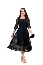 Vestido em Renda Elegante Midi Moda Evangelica Cor:PretoTamanho:P