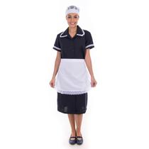 Vestido em Tecido Oxford Com Avental e Detalhes em Bordado Ingles para Copeira, Faxineira, Doméstica