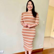 Vestido em Tricô Modal Listrado Nude