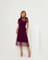 Vestido em Tule Poá, Vinho, Gola Alta, Elástico Cintura, Fagian BM1115