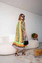 Vestido em viscose midi com verde e branco