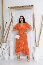 Vestido envelope longo bolinhas de viscolinho manga curto