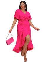 Vestido envelope longo viscolinho liso manga curto