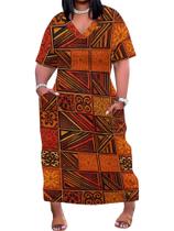 Vestido EQQZD Plus Size com estampa africana com decote em V com bolsos