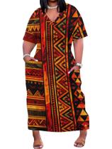 Vestido EQQZD Plus Size com estampa africana com decote em V e bolsos